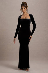 Black Velvet Square-Neck Long-Sleeve Maxi Dress